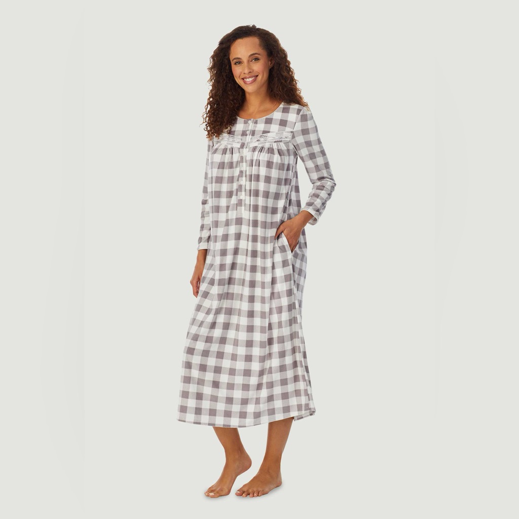 Lanz Of Salzburg White Gray Check Plaid Flannel Long Gown Warm Medium Nightgown